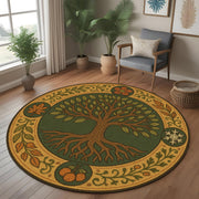 Tree of Life Round Rug: Four Seasons Nature Carpet with Roots and Leaves for Earthy, Botanical or Medieval Inspired Interiors