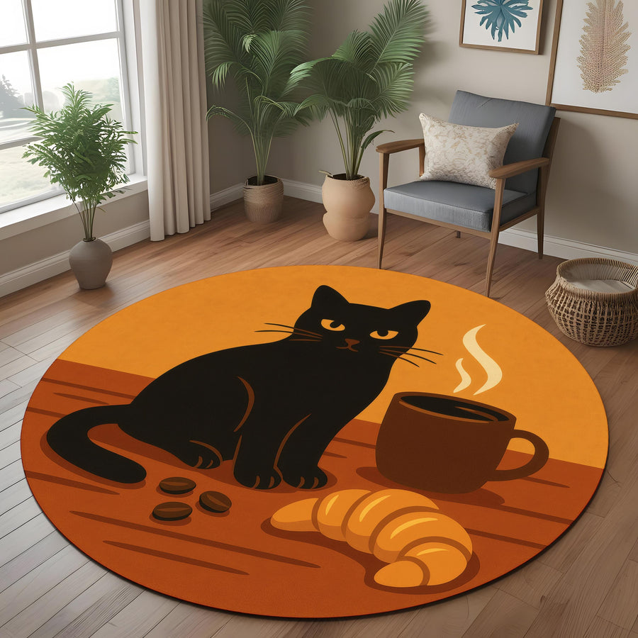 Whimsical Cat Coffee Rug: Cozy Black Cat With Croissant And Coffee Beans, Round Carpet For Kitchen Or Reading Nook
