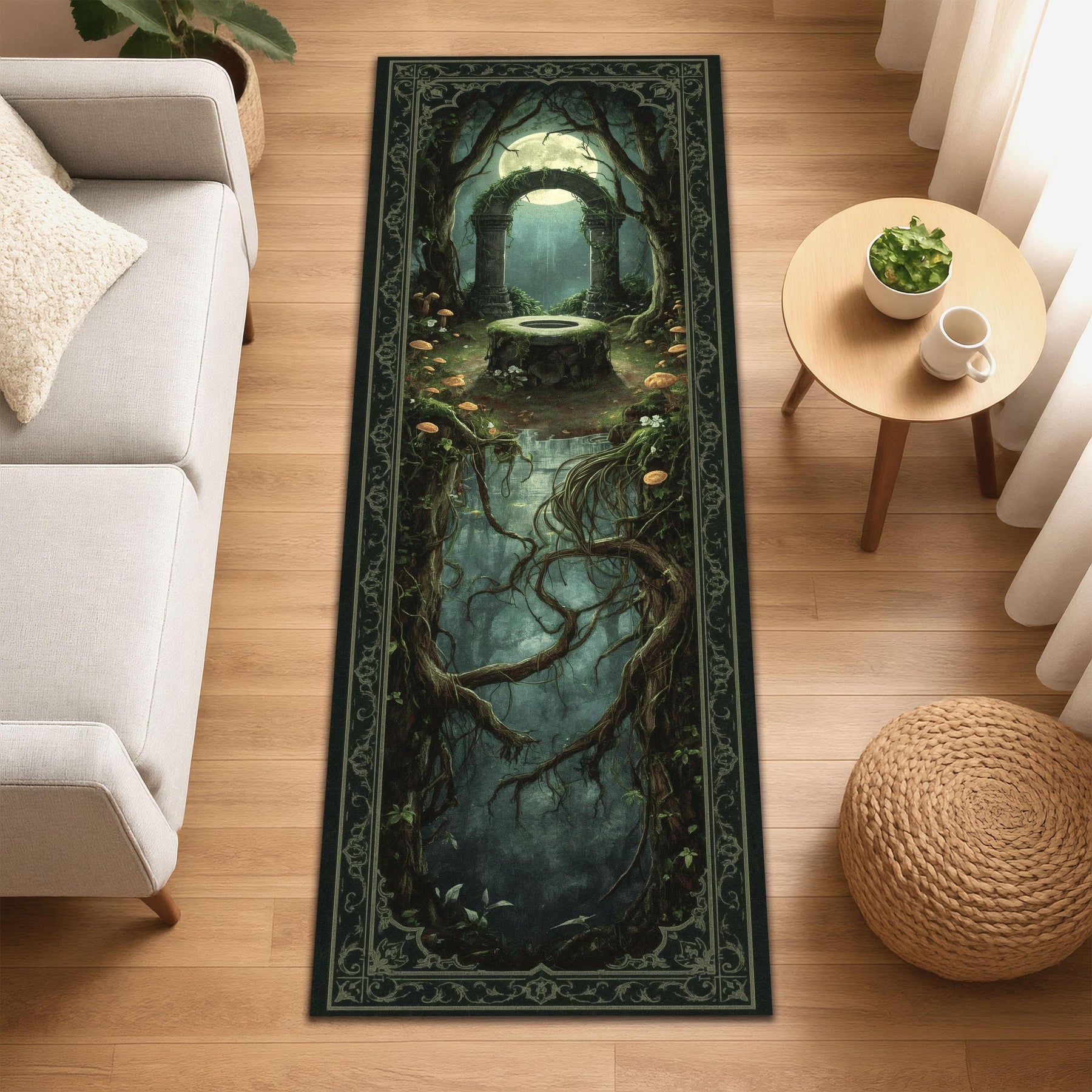 Moon Gate Altar Runner Rug, Fantasy Forest Tapestry Rug, Mystical Grove Decor, Enchanted Ritual Rug, Gothic Moonlight Hallway Mat