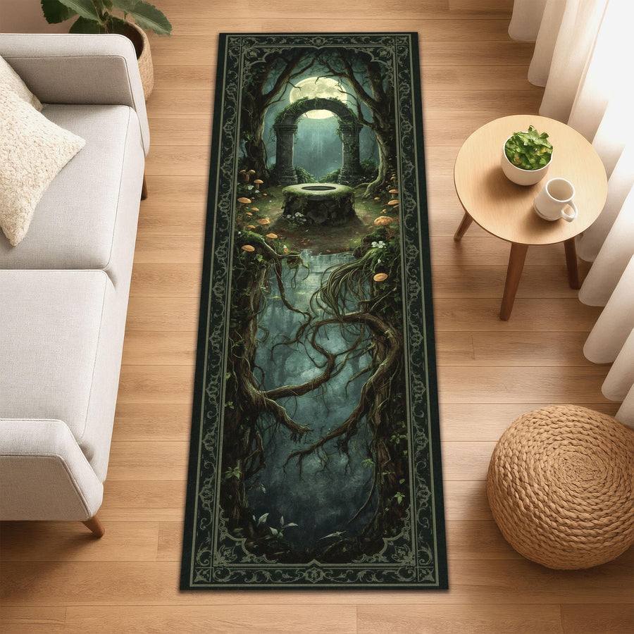 Moon Gate Altar Runner Rug, Fantasy Forest Tapestry Rug, Mystical Grove Decor, Enchanted Ritual Rug, Gothic Moonlight Hallway Mat