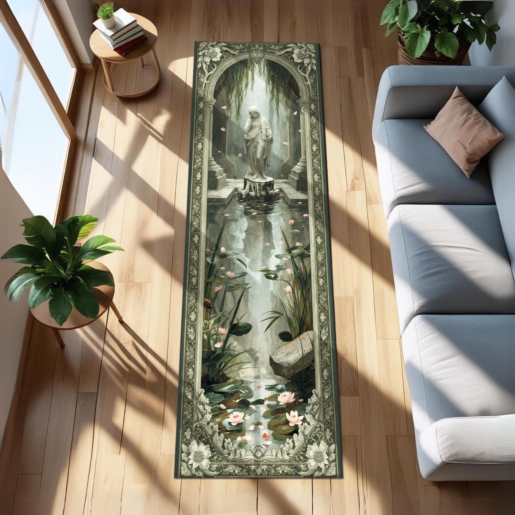 Weeping Statue Runner Rug, Fantasy Garden Hallway Rug, Gothic Altar Tapestry, Classical Statue Runner Rug, Sacred Fountain Decor Mat