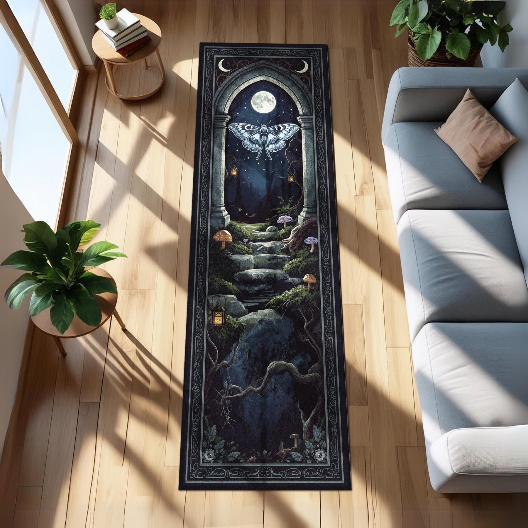 Lunar Moth Rug, Moonlit Arch Runner, Fantasy Night Insect Rug, Witchcore Tapestry Hallway Mat, Gothic Moth Decor Rug, Gothic Room Runner Rug