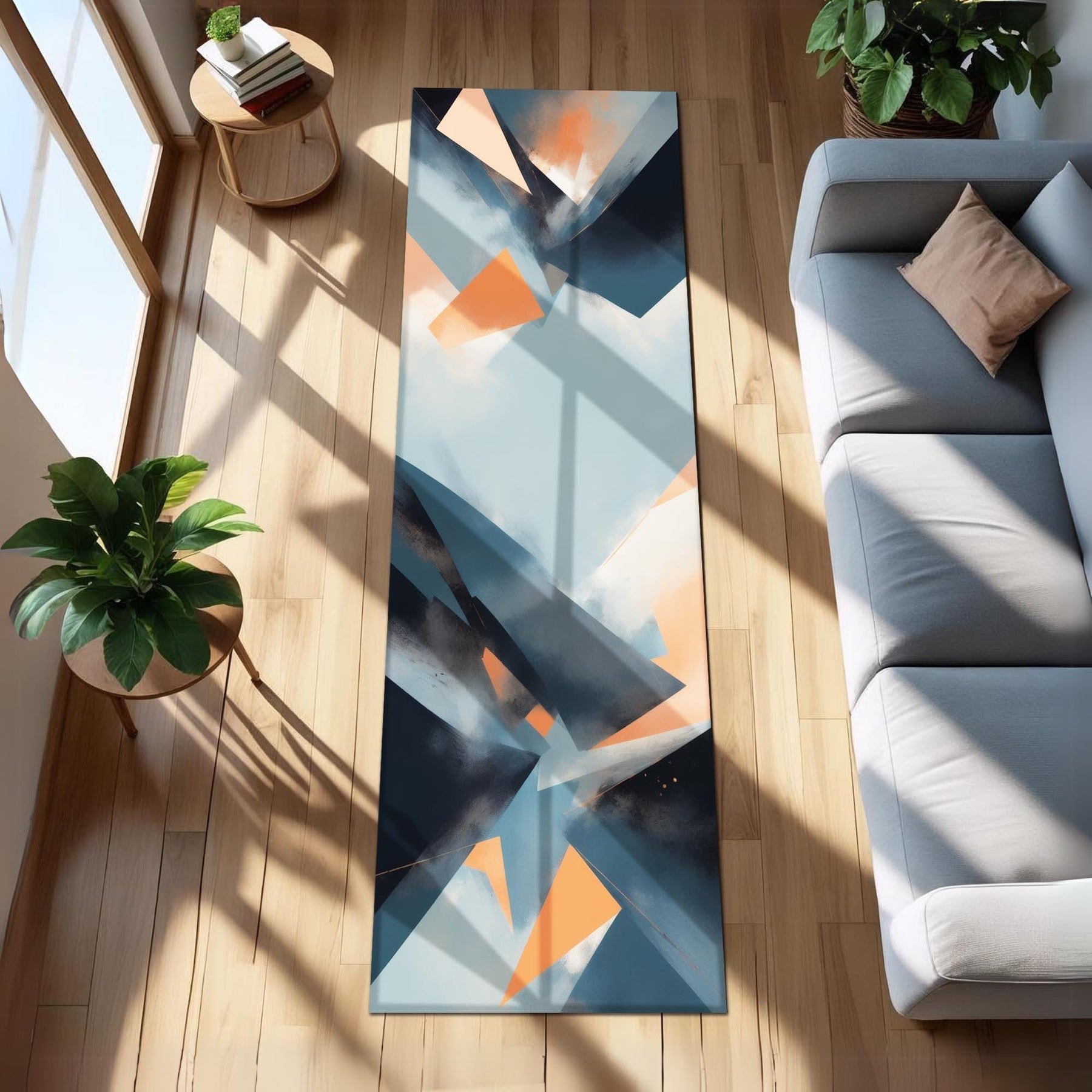 Abstract Geometric Runner Rug | Modern Art Inspired Carpet with Blue and Orange Shapes | Minimalist & Contemporary Hallway or Entryway Decor