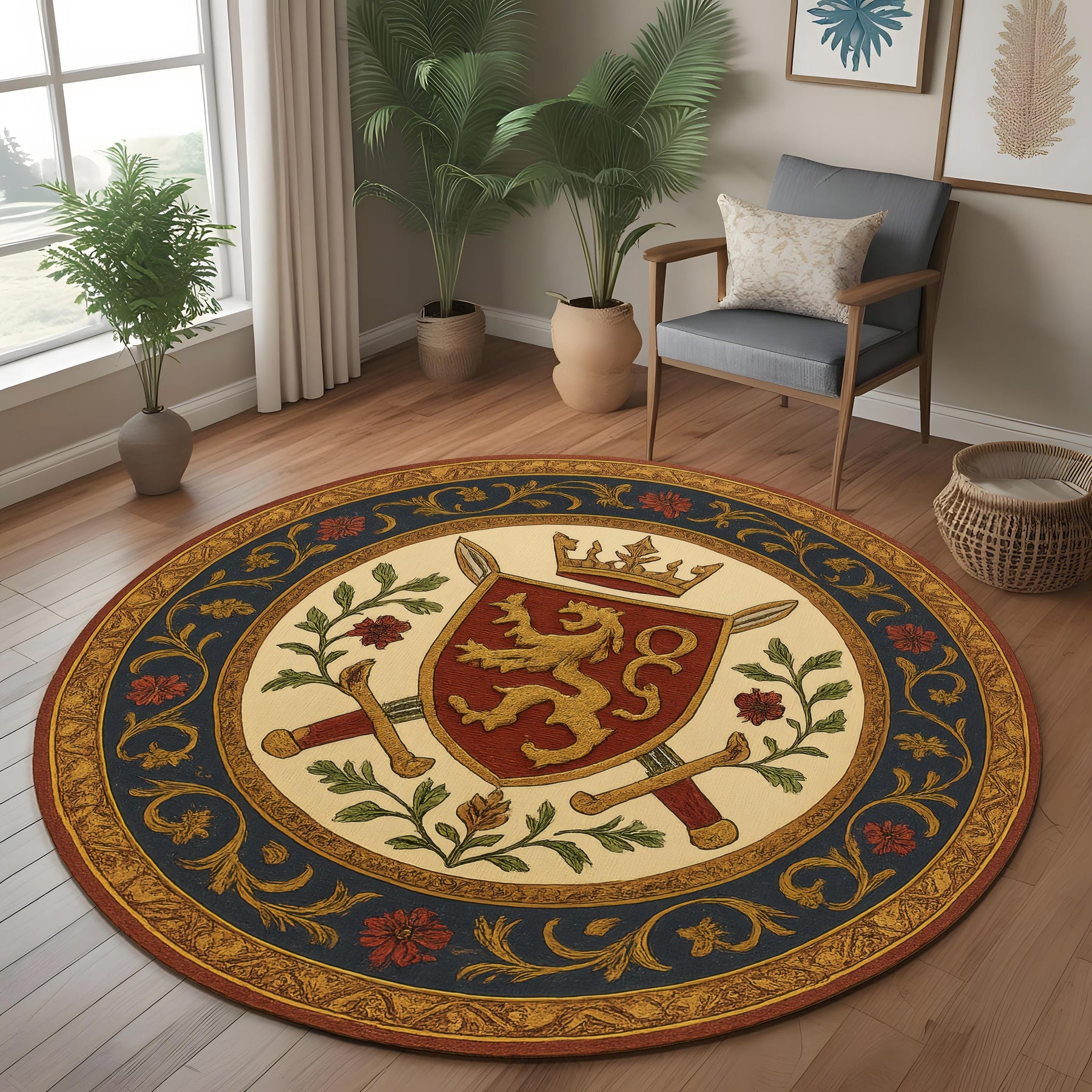 Royal Crest Round Rug: Medieval Heraldic Carpet with Lion Shield, Swords and Crowns for Castle Inspired or Noble Interior Decor