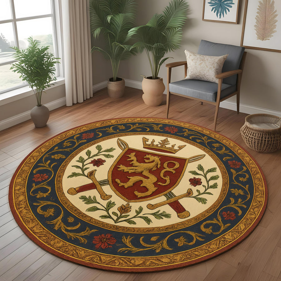 Royal Crest Round Rug: Medieval Heraldic Carpet with Lion Shield, Swords and Crowns for Castle Inspired or Noble Interior Decor