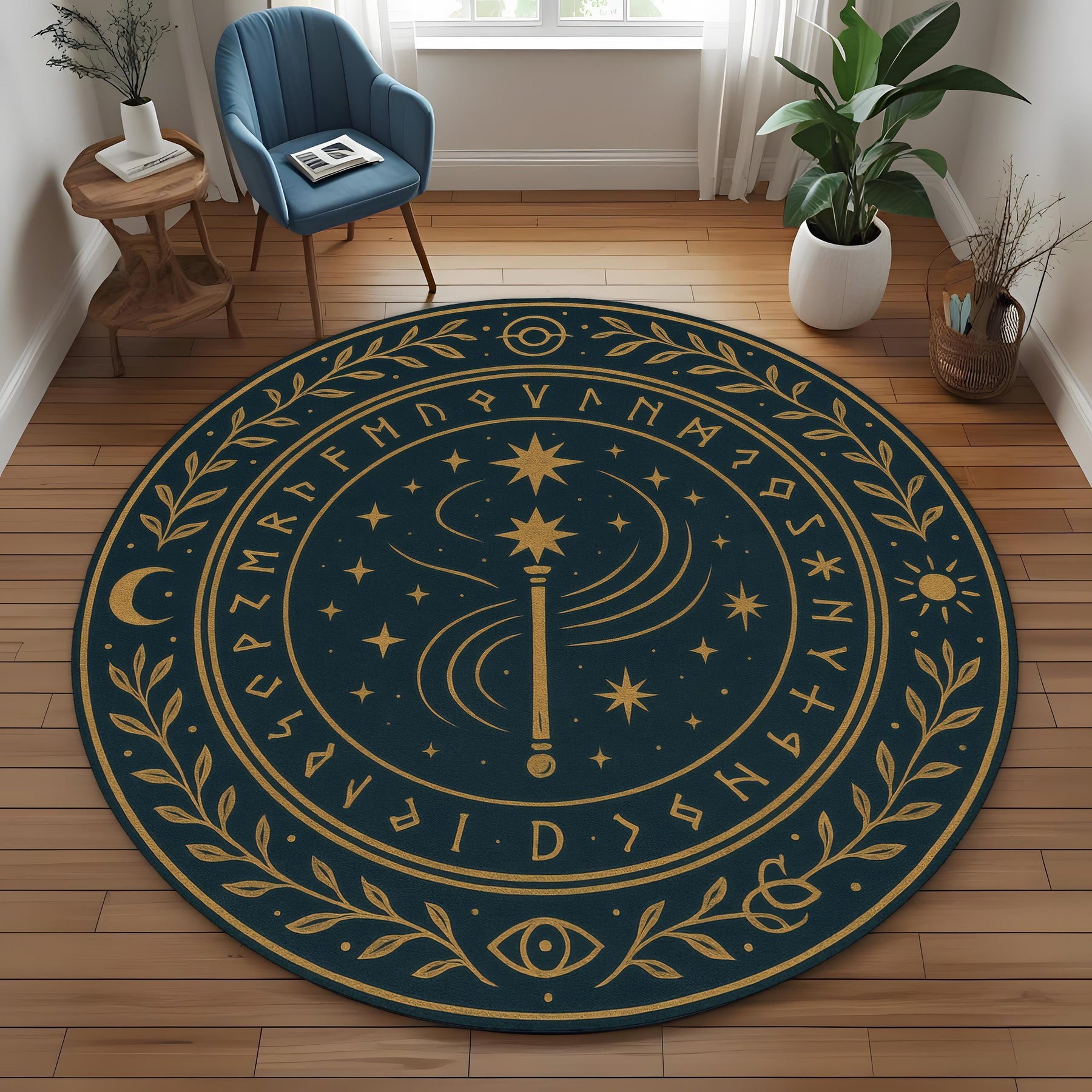 Magic Wand Round Rug: Mystical Rune Carpet with Stars, Moons and Enchanted Symbols for Gothic or Witchy Home Decor