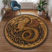 Golden Dragon Round Rug: Medieval Fantasy Carpet with Ancient Script and Mythical Beast for Living Room or Gothic Themed Decor