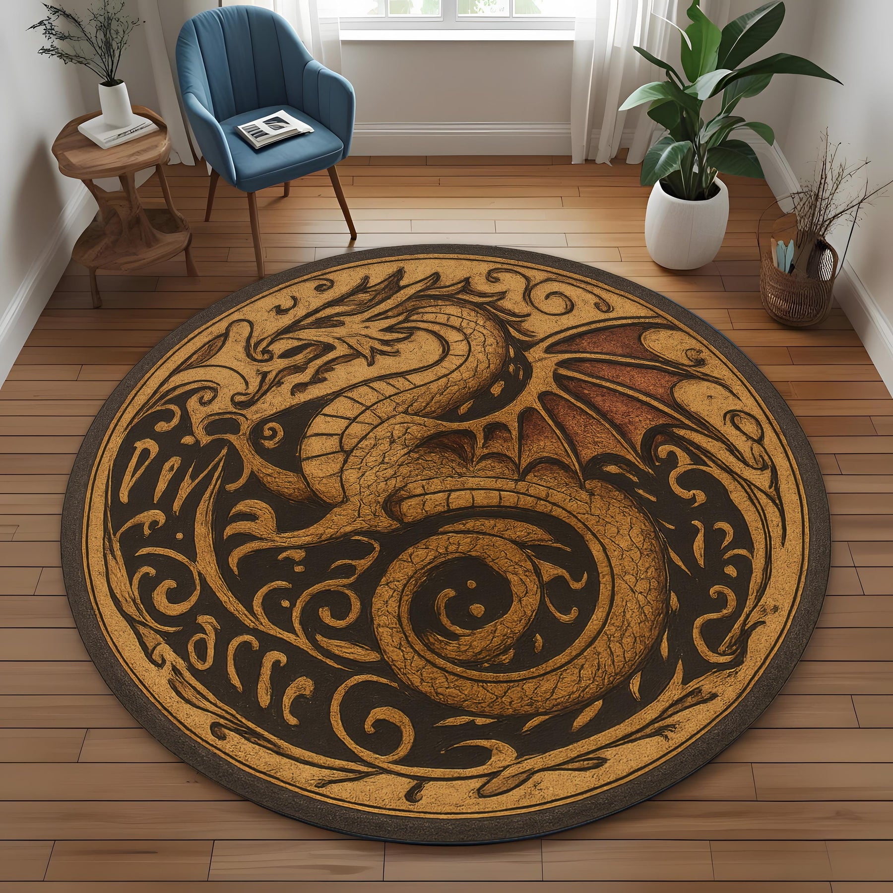 Golden Dragon Round Rug: Medieval Fantasy Carpet with Ancient Script and Mythical Beast for Living Room or Gothic Themed Decor
