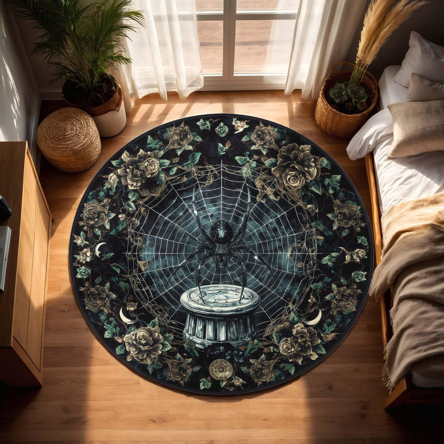Gothic Spider Web Round Rug | Dark Fantasy Tapestry Style Rug with Roses & Moon Phases | Witchy Occult Living Room Decor