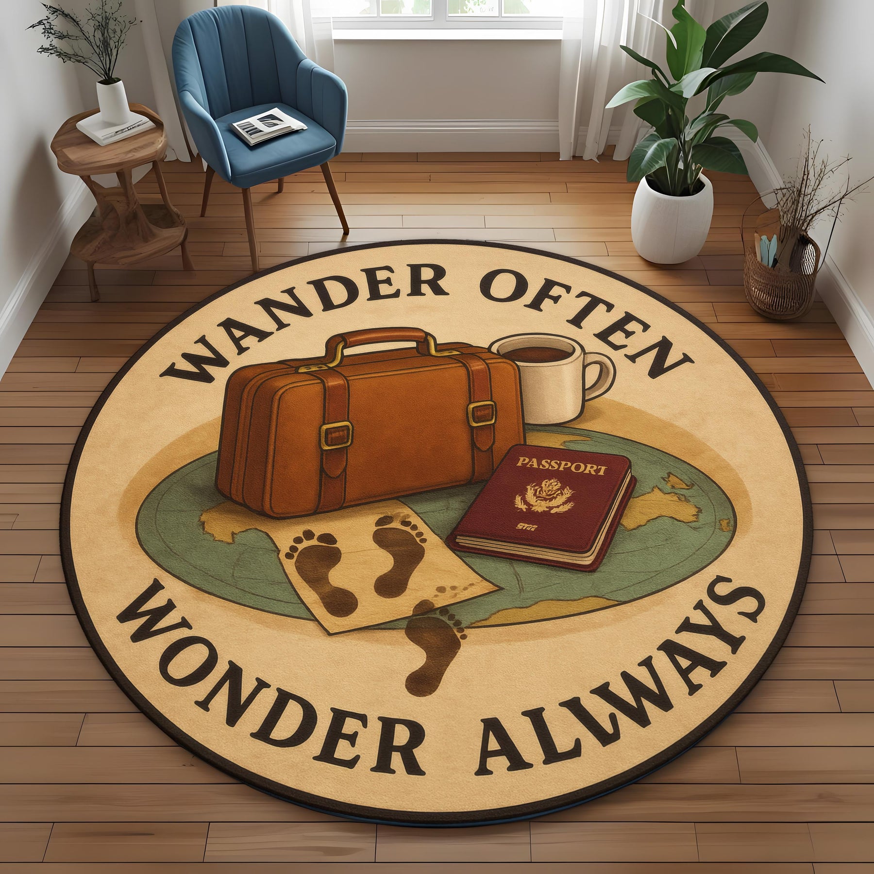 Adventure Rug: Wander Often Wonder Always Round Carpet With Passport, Suitcase And Footprints, Travel Inspired Decor For Curious Souls