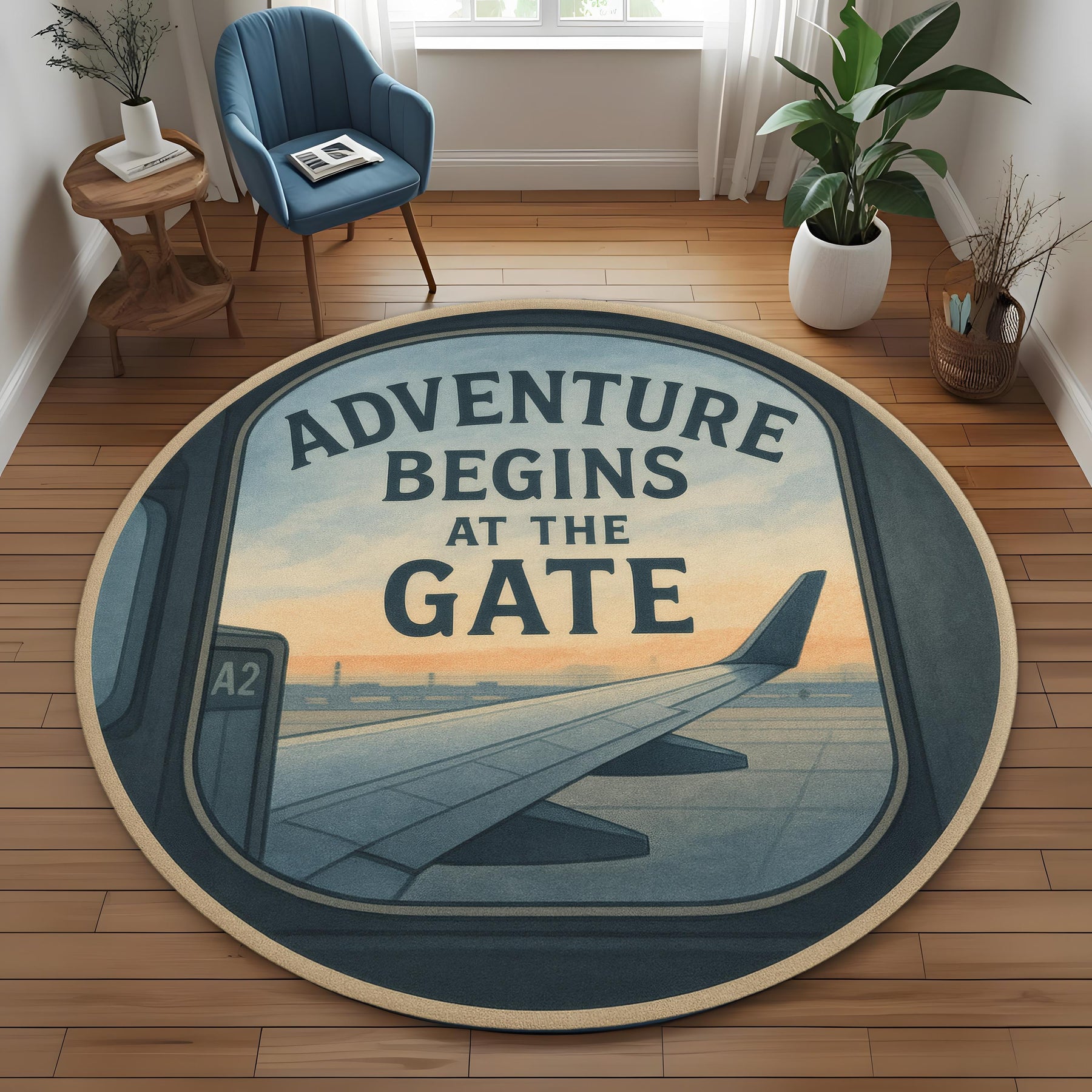Travel Rug: Adventure Begins At The Gate Round Carpet With Airplane Window View, Wanderlust Floor Decor For Entryway Or Travel Corners