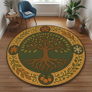 Tree of Life Round Rug: Four Seasons Nature Carpet with Roots and Leaves for Earthy, Botanical or Medieval Inspired Interiors