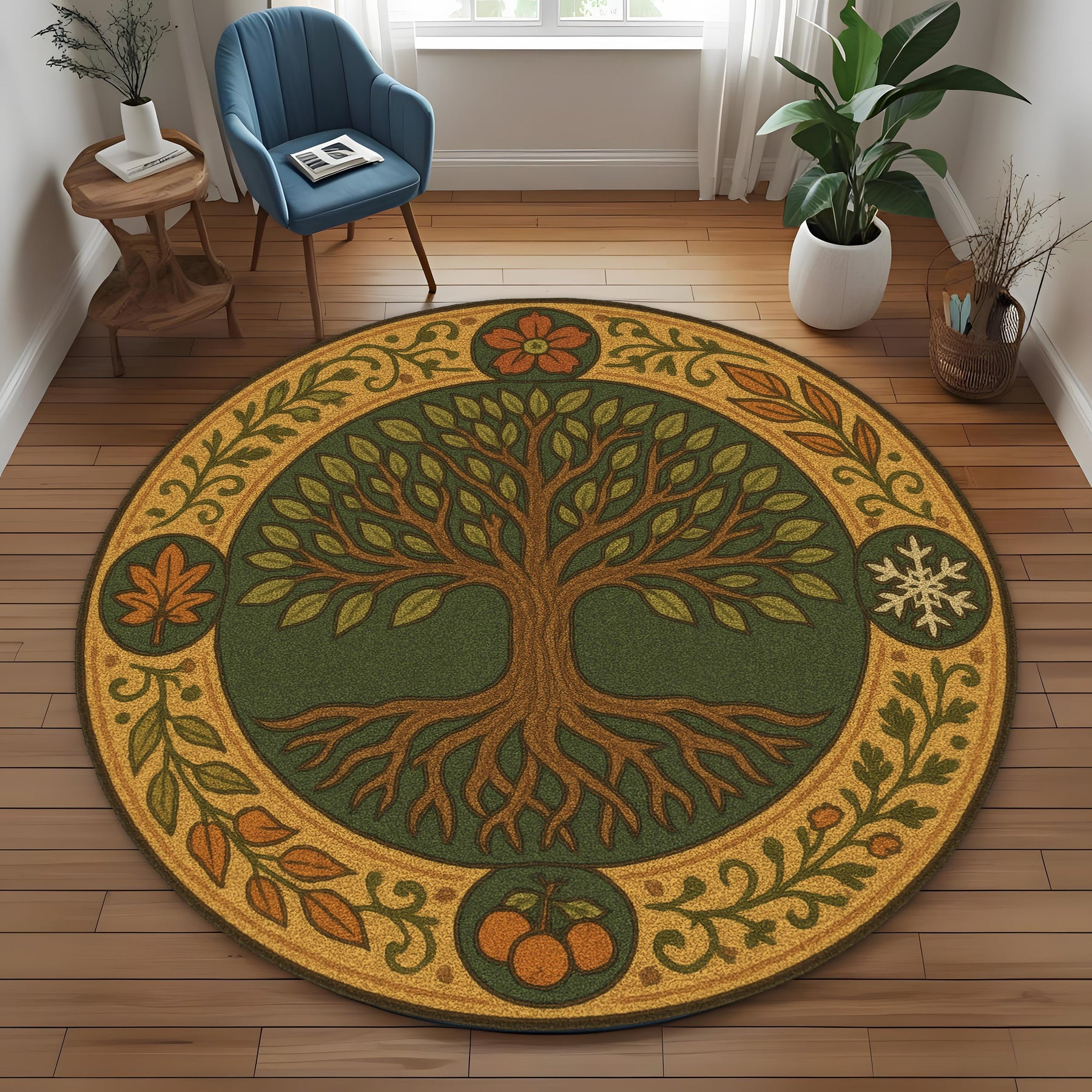 Tree of Life Round Rug: Four Seasons Nature Carpet with Roots and Leaves for Earthy, Botanical or Medieval Inspired Interiors