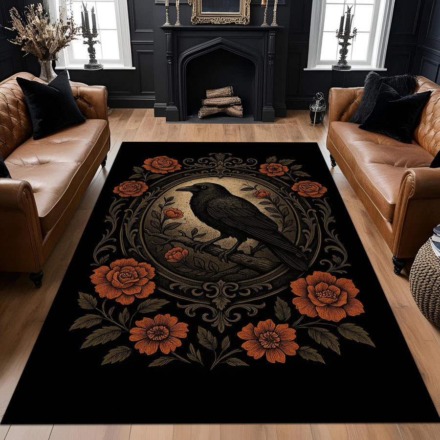 Gothic Raven Rug With Floral Frame, Black Crow Area Carpet, Dark Academia Aesthetic Living Room Decor, Baroque Style Elegant Rug