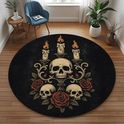 Dark Gothic Rug: Skull Candelabra Red Roses Candles Decor, Round Carpet With Baroque Vibe