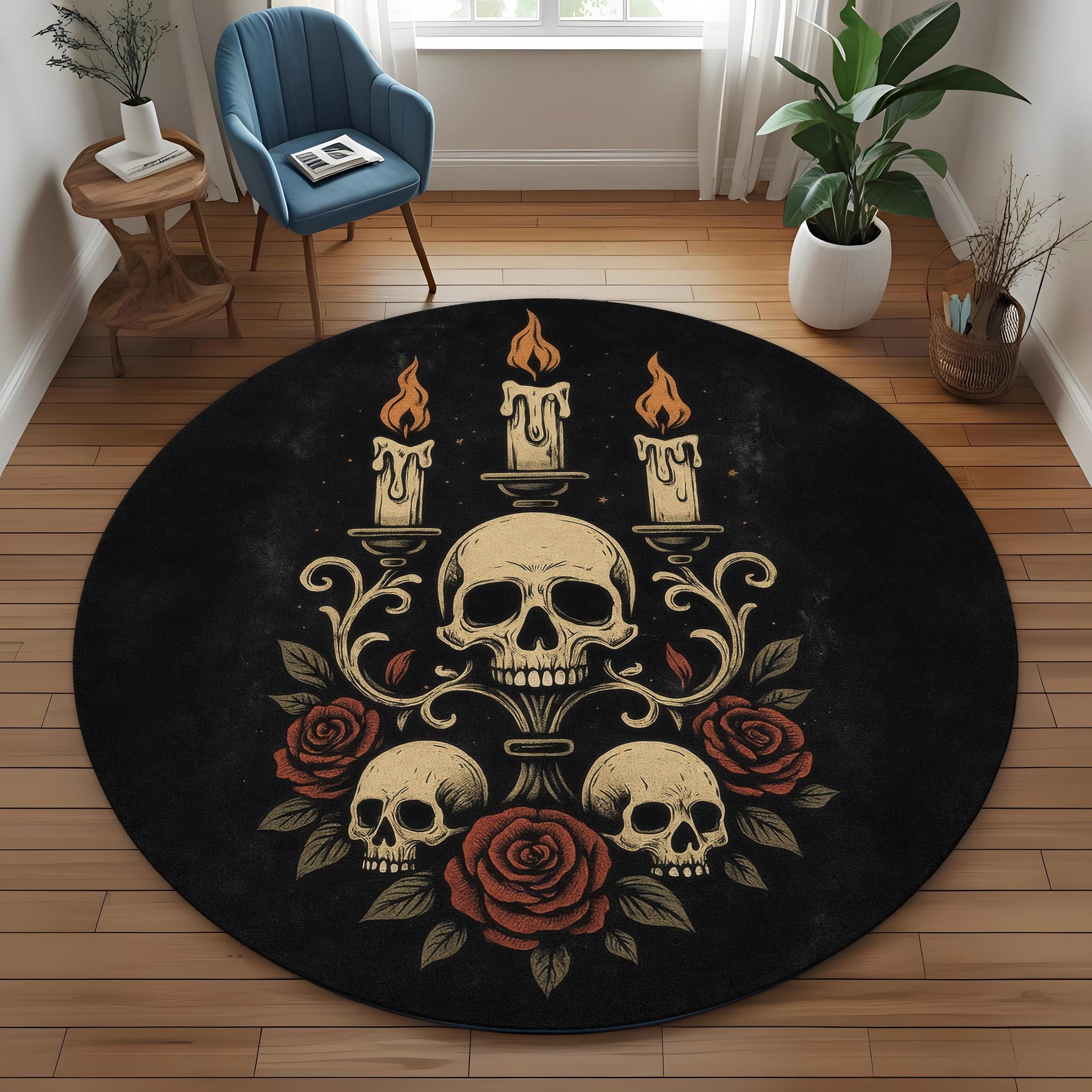 Dark Gothic Rug: Skull Candelabra Red Roses Candles Decor, Round Carpet With Baroque Vibe
