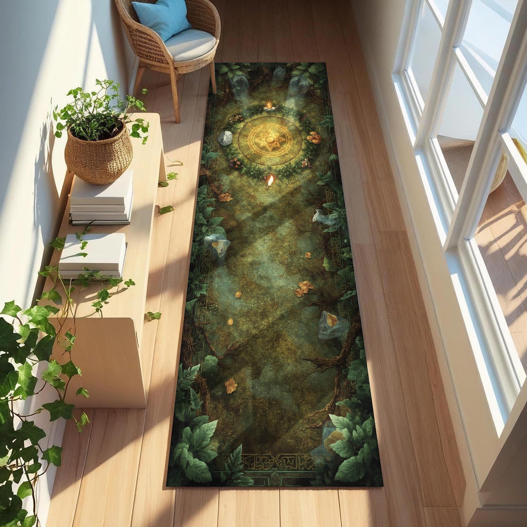 Forest Ritual Circle Runner Rug, Elemental Altar Runner Rug, Witchcore Tapestry Mat, Enchanted Forest Floor Decor, Nature Magic Hallway Rug
