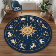 Zodiac Circle Rug: Round Astrological Carpet With 12 Horoscope Signs And Golden Sun Face, Celestial Floor Decor For Mystic And Boho Spaces