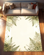 Botanical Fern Area Rug | Green Leaf Border Carpet | Nature Inspired Washable Rug for Living Room, Bedroom or Reading Nook