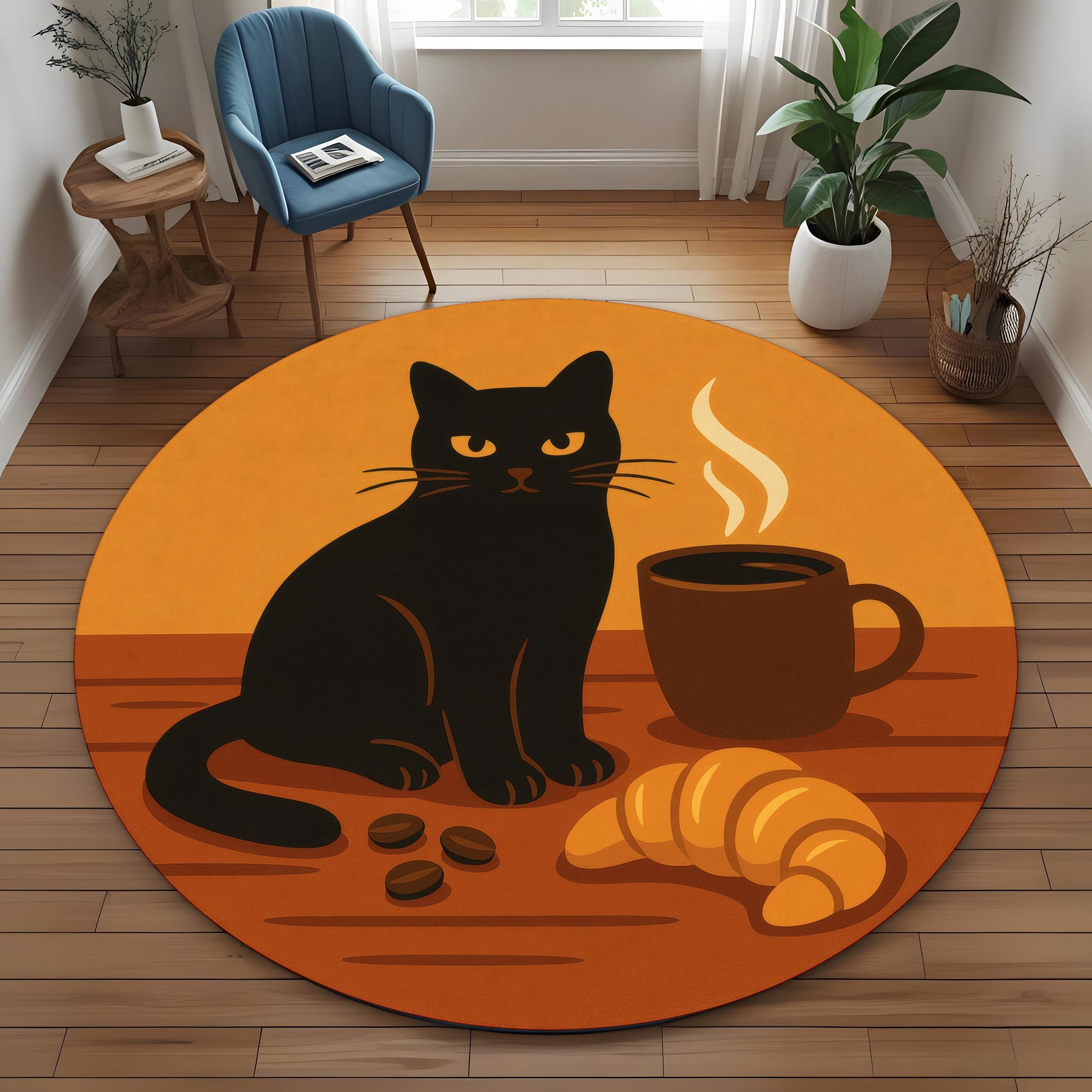 Whimsical Cat Coffee Rug: Cozy Black Cat With Croissant And Coffee Beans, Round Carpet For Kitchen Or Reading Nook