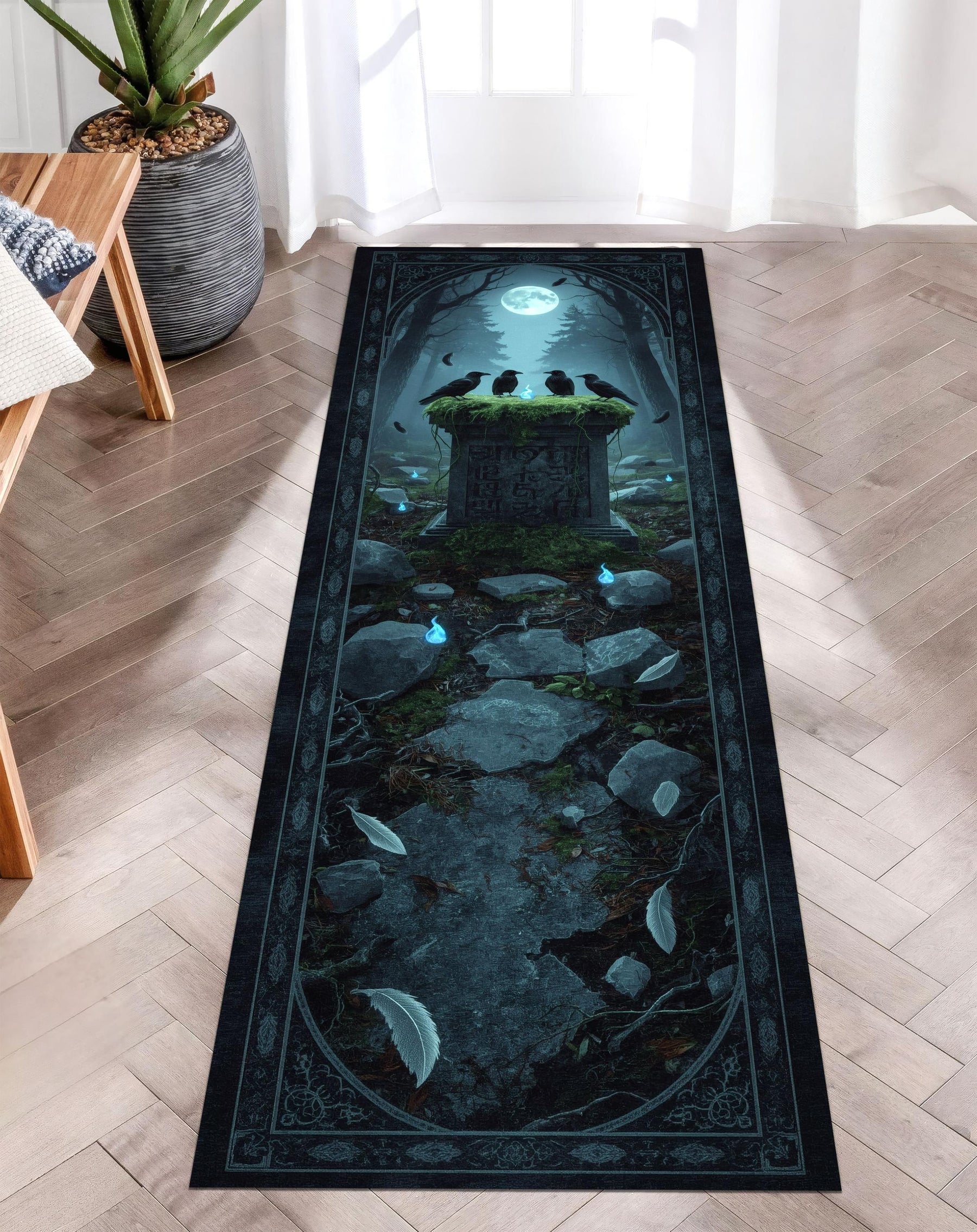Raven Altar Runner Rug, Gothic Fantasy Rug, Ritual Tapestry Rug, Crow Forest Decor, Witchcore Hallway Mat, Moonlight Spirit Rug