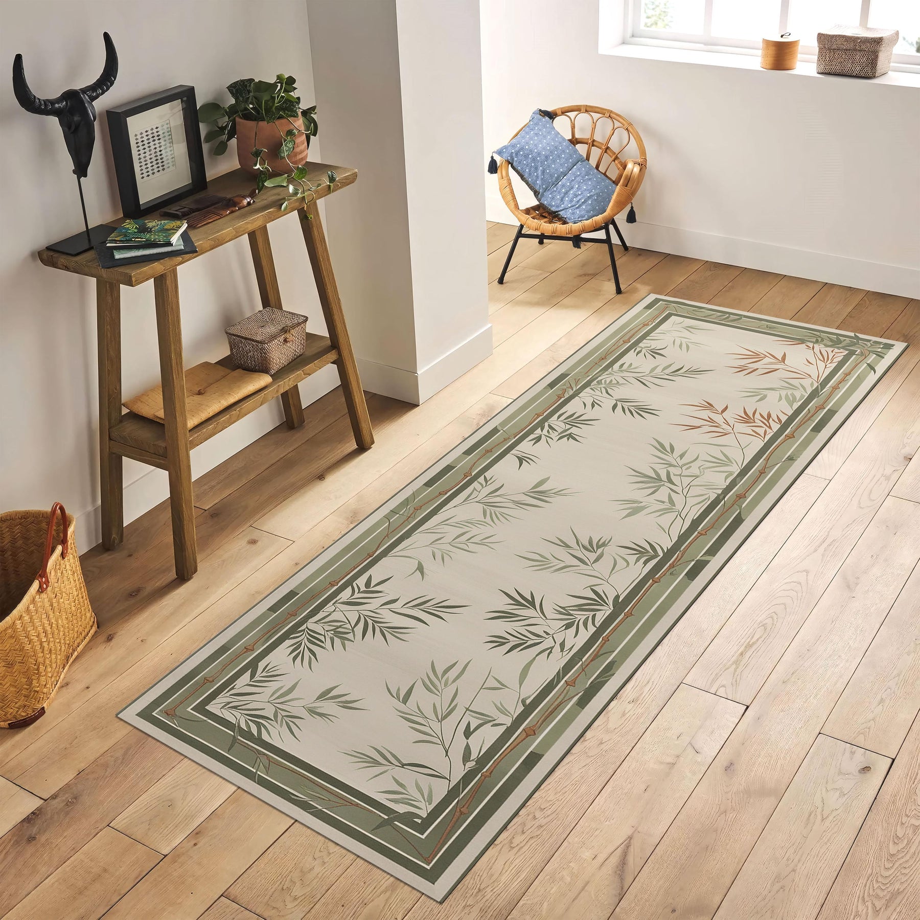 Bamboo Leaf Runner Rug, Japandi Minimalist Hallway Rug, Zen Nature-Inspired Carpet, Calming Neutral Floor Decor, Botanical Bamboo Area Rug