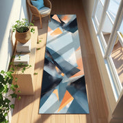 Abstract Geometric Runner Rug | Modern Art Inspired Carpet with Blue and Orange Shapes | Minimalist & Contemporary Hallway or Entryway Decor