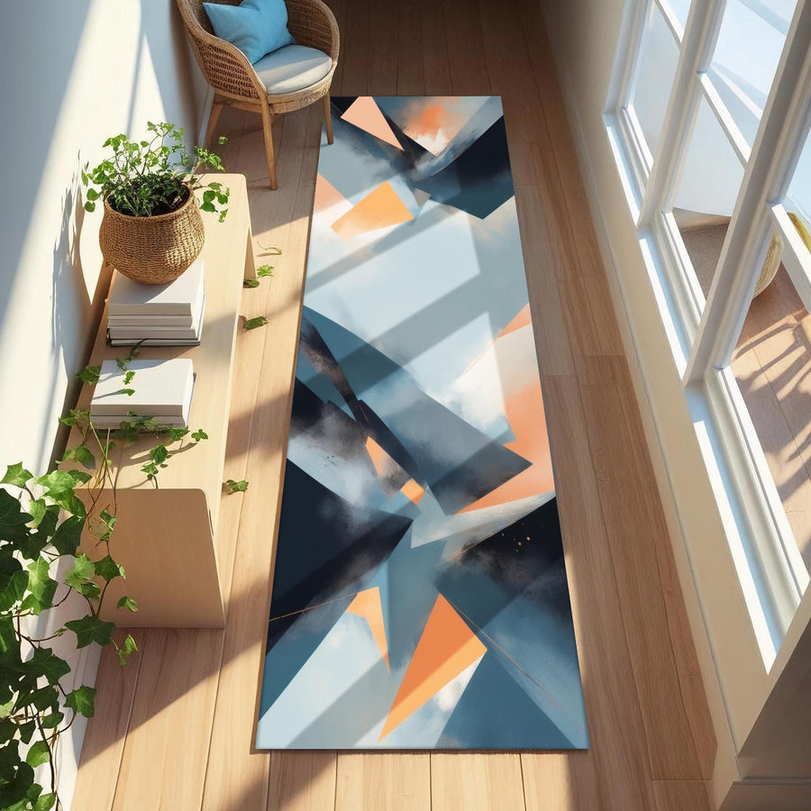 Abstract Geometric Runner Rug | Modern Art Inspired Carpet with Blue and Orange Shapes | Minimalist & Contemporary Hallway or Entryway Decor