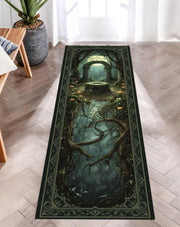 Moon Gate Altar Runner Rug, Fantasy Forest Tapestry Rug, Mystical Grove Decor, Enchanted Ritual Rug, Gothic Moonlight Hallway Mat