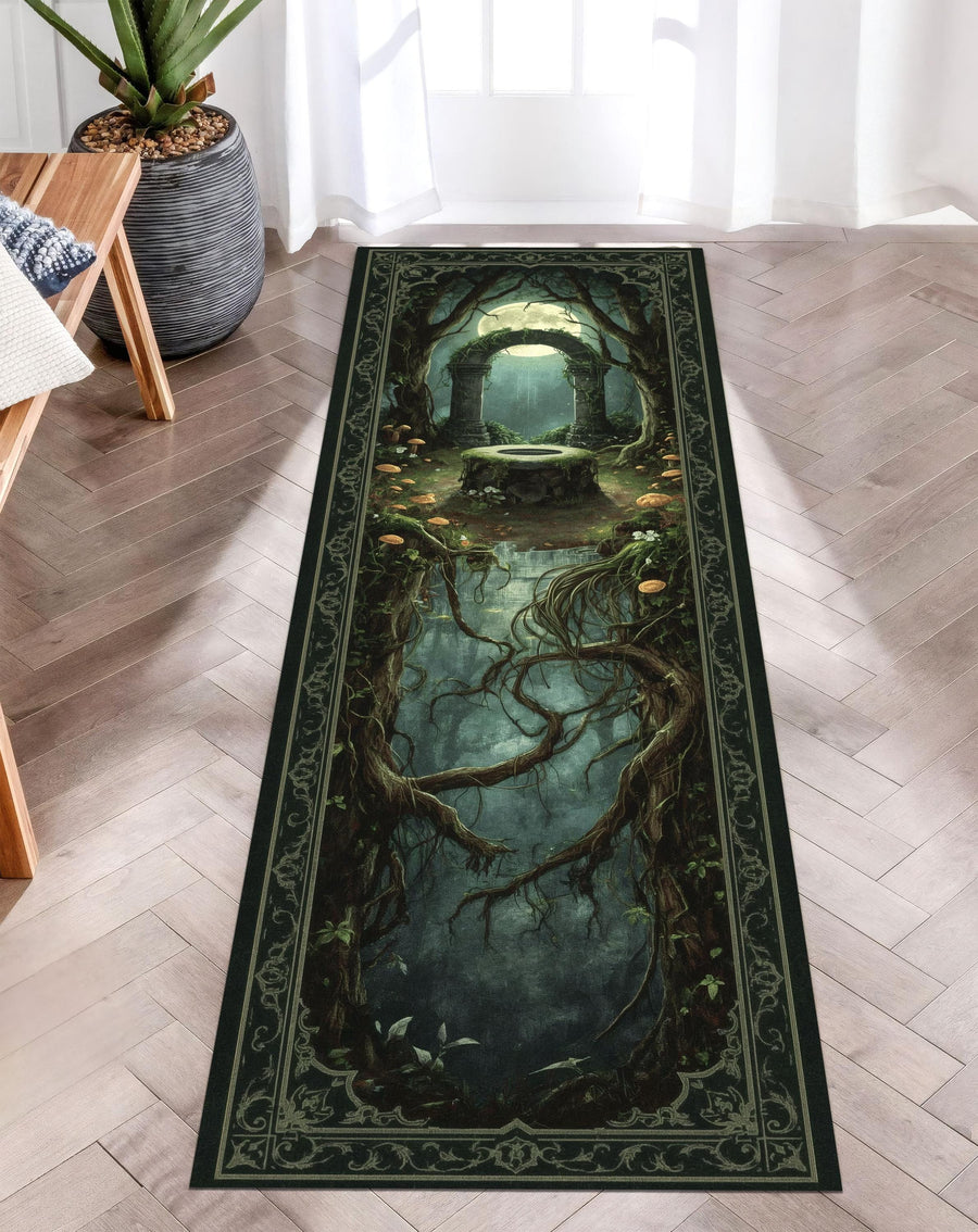 Moon Gate Altar Runner Rug, Fantasy Forest Tapestry Rug, Mystical Grove Decor, Enchanted Ritual Rug, Gothic Moonlight Hallway Mat