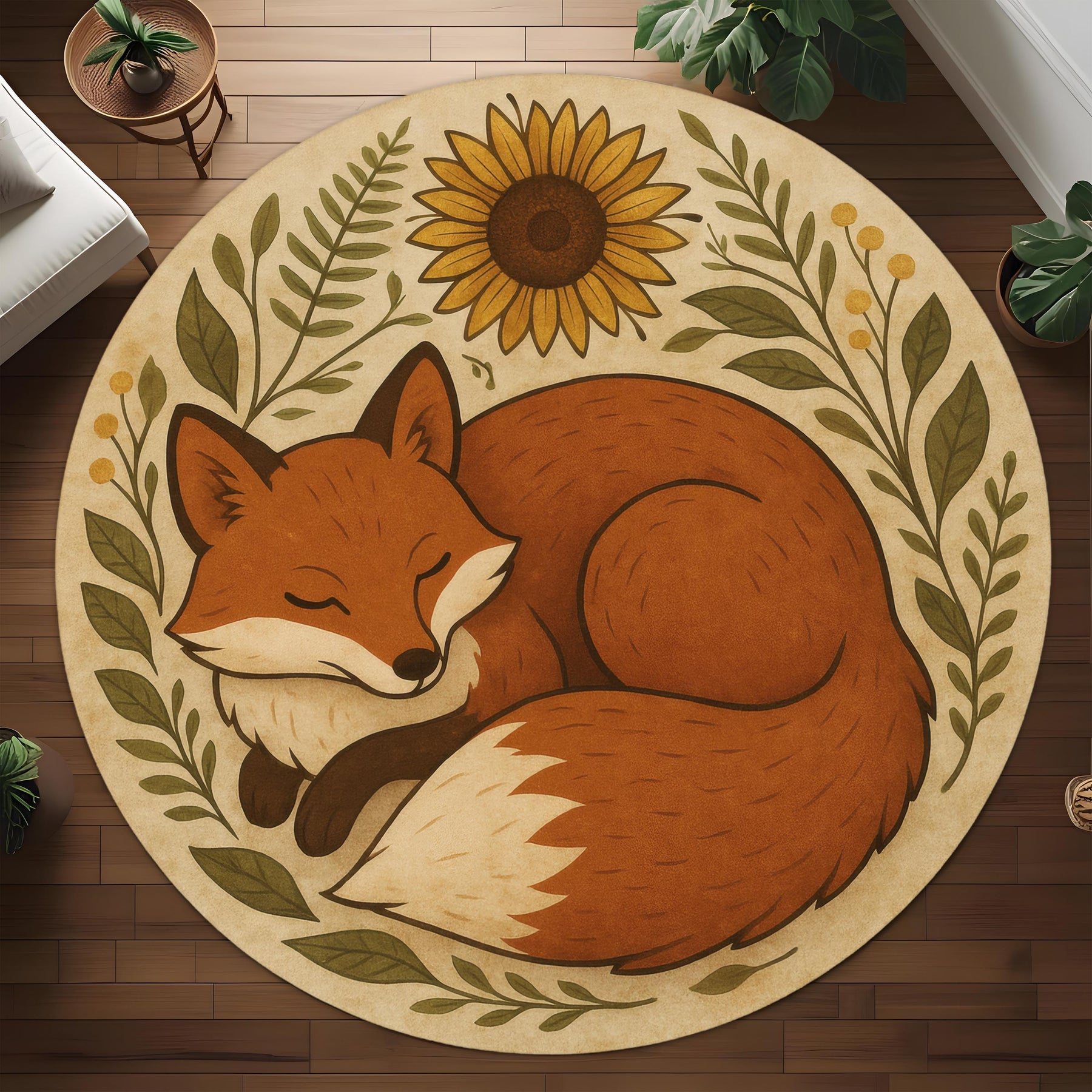 Round Fox Rug, Sunflower and Leaf Design, Woodland Animal Carpet for Nursery Kids Room