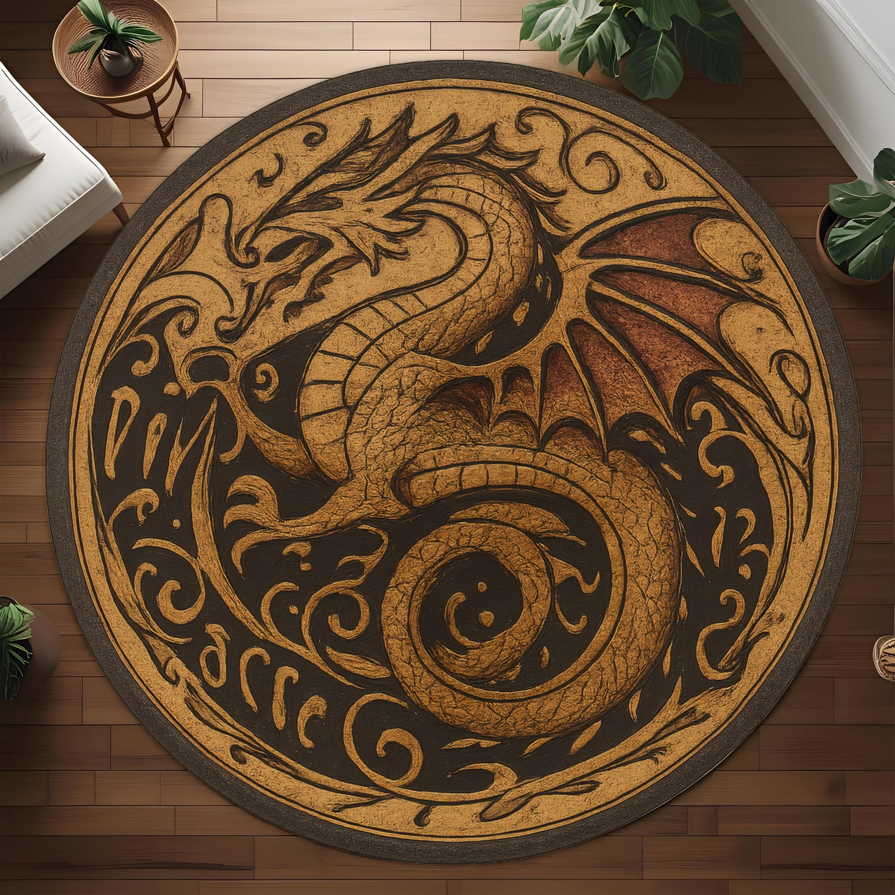 Golden Dragon Round Rug: Medieval Fantasy Carpet with Ancient Script and Mythical Beast for Living Room or Gothic Themed Decor