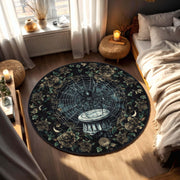 Gothic Spider Web Round Rug | Dark Fantasy Tapestry Style Rug with Roses & Moon Phases | Witchy Occult Living Room Decor