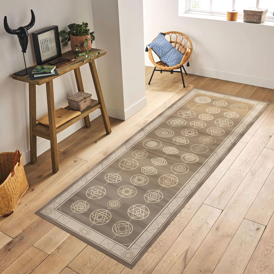 Sacred Geometry Runner Rug, Minimalist Zen Spiritual Carpet, Soft Beige Boho Hallway Rug, Yoga Meditation Decor Rug, Geometric Harmony Rug