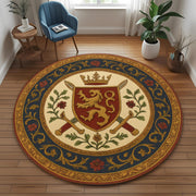 Royal Crest Round Rug: Medieval Heraldic Carpet with Lion Shield, Swords and Crowns for Castle Inspired or Noble Interior Decor