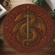 Dragon & Sword Round Rug: Medieval Fantasy Carpet with Slain Beast Design for Gothic Living Room or Knightly Themed Decor