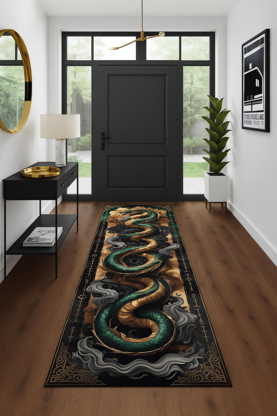 Serpent Myth Runner Rug, Gothic Dragon Snake Hallway Rug, Fantasy Medieval Decor, Wizard Magic Carpet, Mystical Creature Long Area Rug