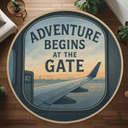 Travel Rug: Adventure Begins At The Gate Round Carpet With Airplane Window View, Wanderlust Floor Decor For Entryway Or Travel Corners