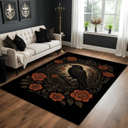 Gothic Raven Rug With Floral Frame, Black Crow Area Carpet, Dark Academia Aesthetic Living Room Decor, Baroque Style Elegant Rug