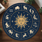 Zodiac Circle Rug: Round Astrological Carpet With 12 Horoscope Signs And Golden Sun Face, Celestial Floor Decor For Mystic And Boho Spaces
