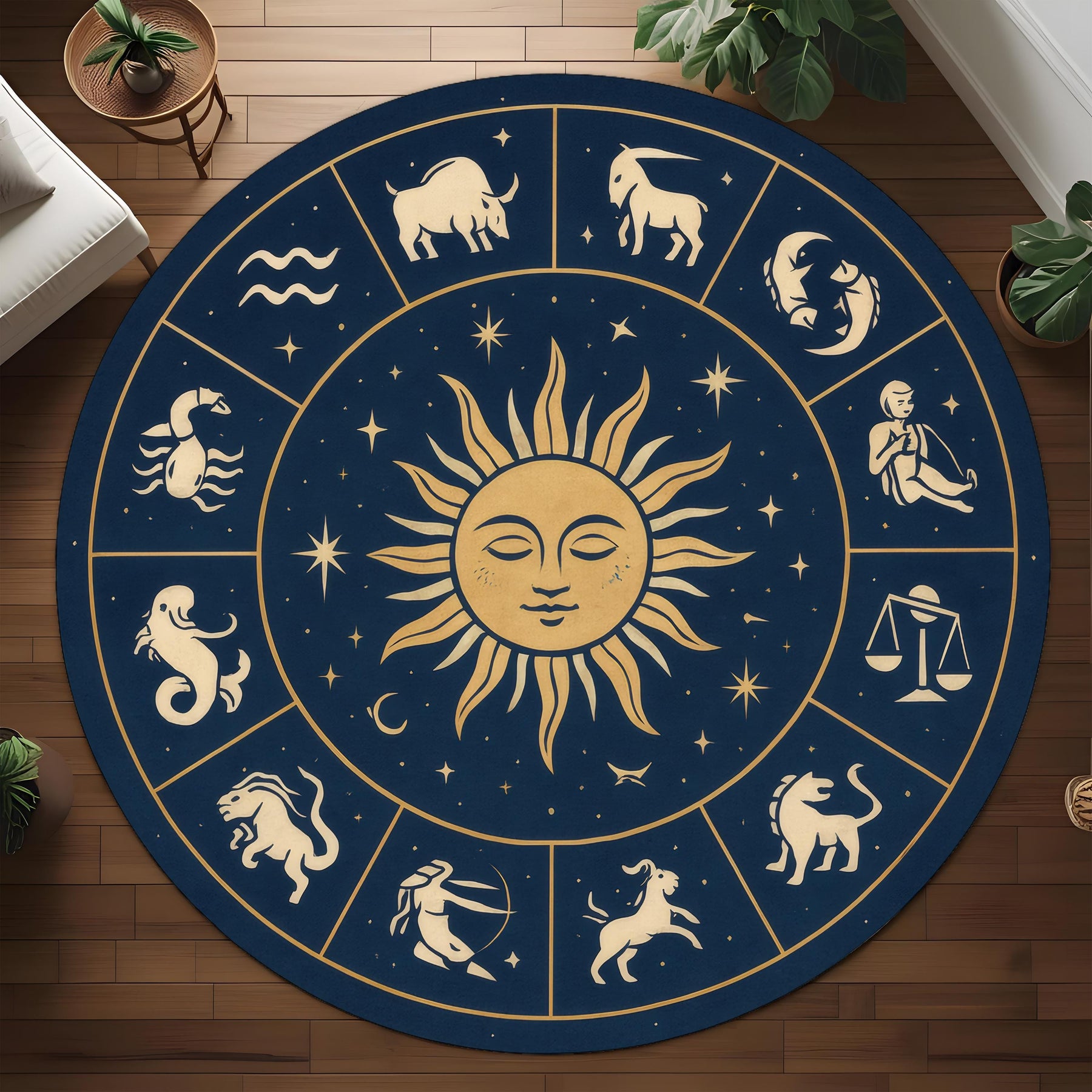 Zodiac Circle Rug: Round Astrological Carpet With 12 Horoscope Signs And Golden Sun Face, Celestial Floor Decor For Mystic And Boho Spaces