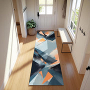 Abstract Geometric Runner Rug | Modern Art Inspired Carpet with Blue and Orange Shapes | Minimalist & Contemporary Hallway or Entryway Decor