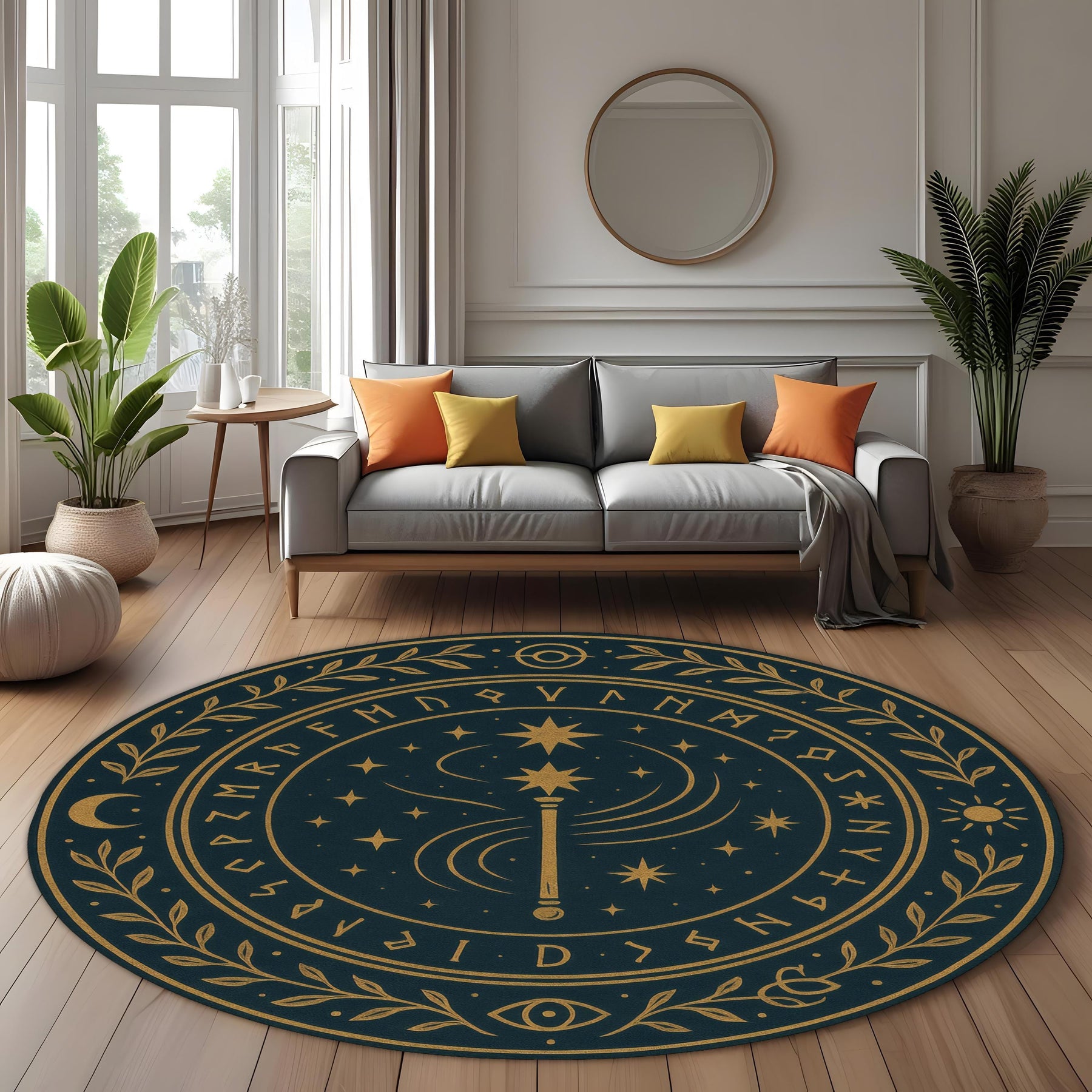 Magic Wand Round Rug: Mystical Rune Carpet with Stars, Moons and Enchanted Symbols for Gothic or Witchy Home Decor