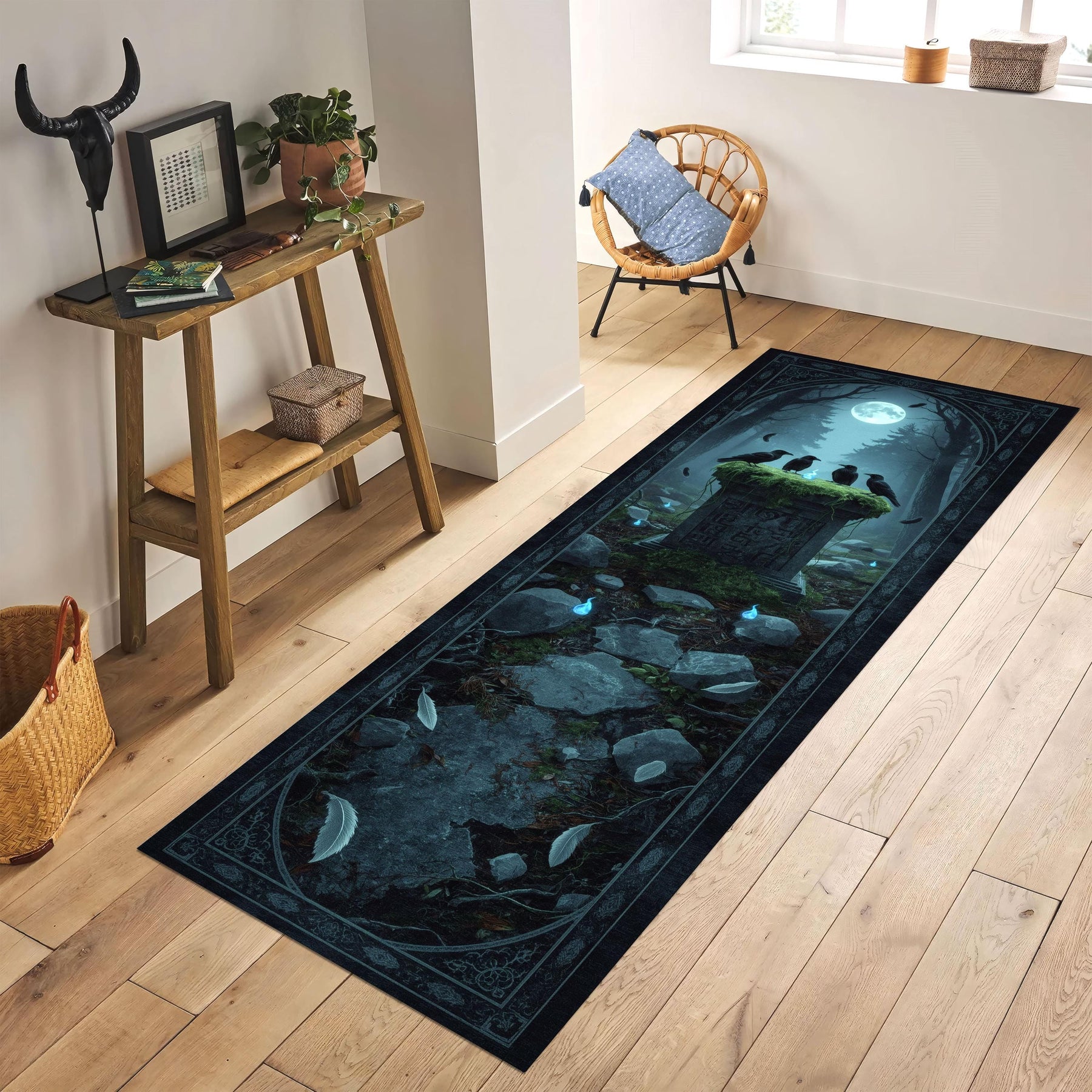 Raven Altar Runner Rug, Gothic Fantasy Rug, Ritual Tapestry Rug, Crow Forest Decor, Witchcore Hallway Mat, Moonlight Spirit Rug