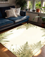 Botanical Fern Area Rug | Green Leaf Border Carpet | Nature Inspired Washable Rug for Living Room, Bedroom or Reading Nook