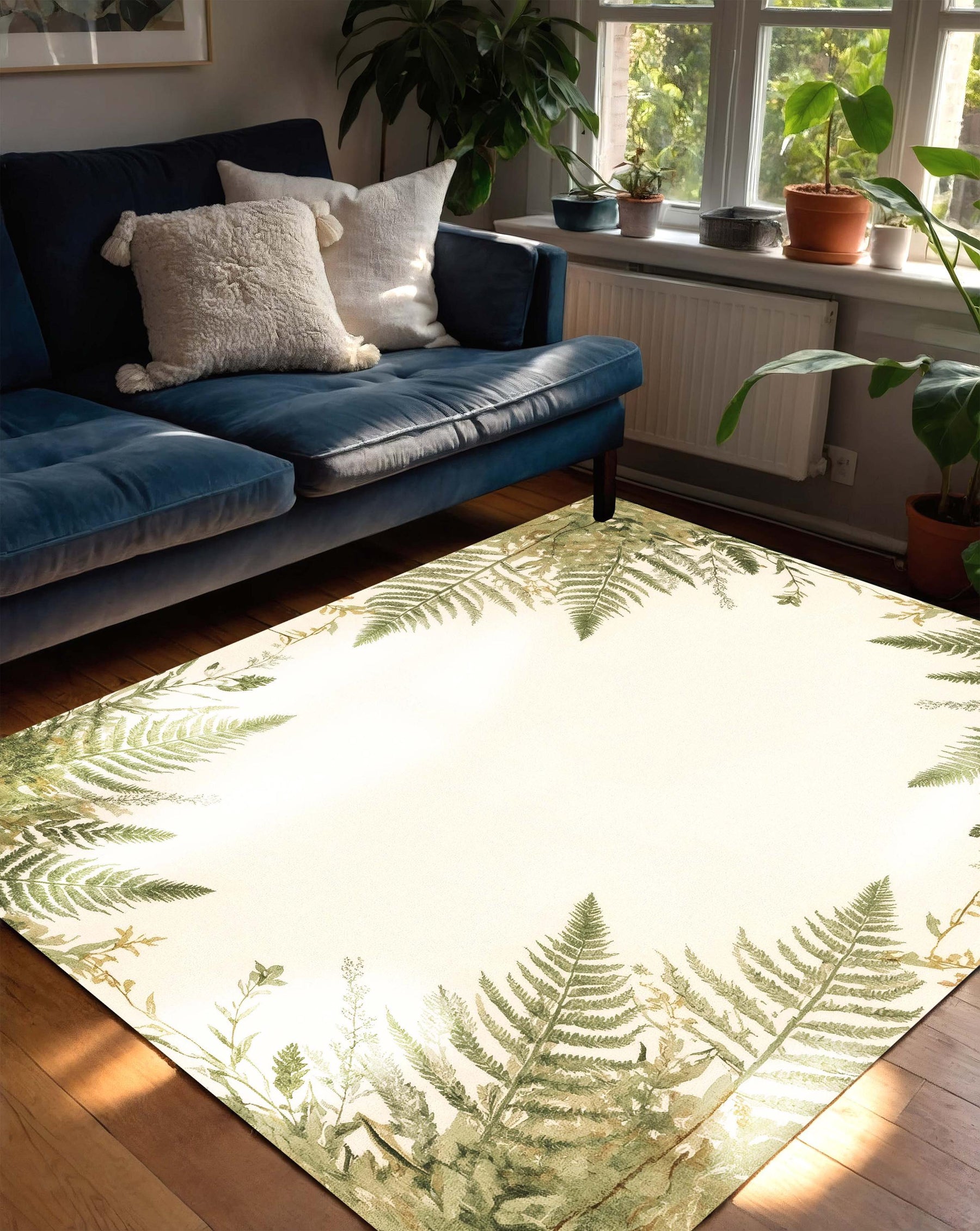 Botanical Fern Area Rug | Green Leaf Border Carpet | Nature Inspired Washable Rug for Living Room, Bedroom or Reading Nook