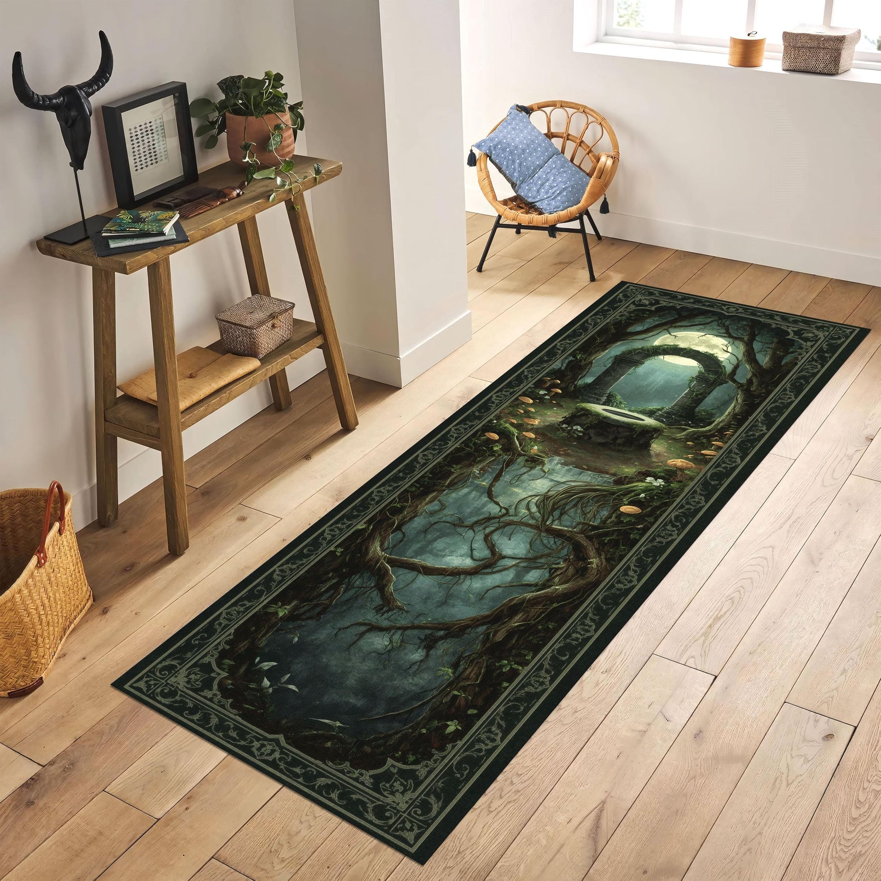 Moon Gate Altar Runner Rug, Fantasy Forest Tapestry Rug, Mystical Grove Decor, Enchanted Ritual Rug, Gothic Moonlight Hallway Mat