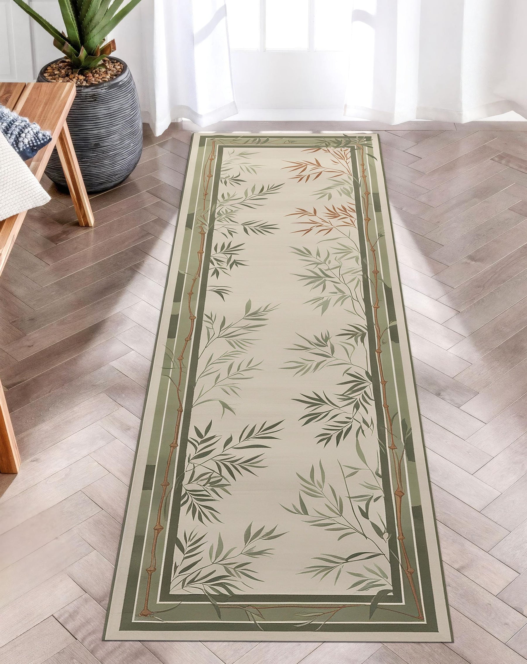 Bamboo Leaf Runner Rug, Japandi Minimalist Hallway Rug, Zen Nature-Inspired Carpet, Calming Neutral Floor Decor, Botanical Bamboo Area Rug