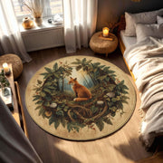 Woodland Fox Round Rug | Forest Animal Rug with Ferns and Roots | Nature-Inspired Cozy Cottagecore Carpet | Woodland Botanical Fox Carpet