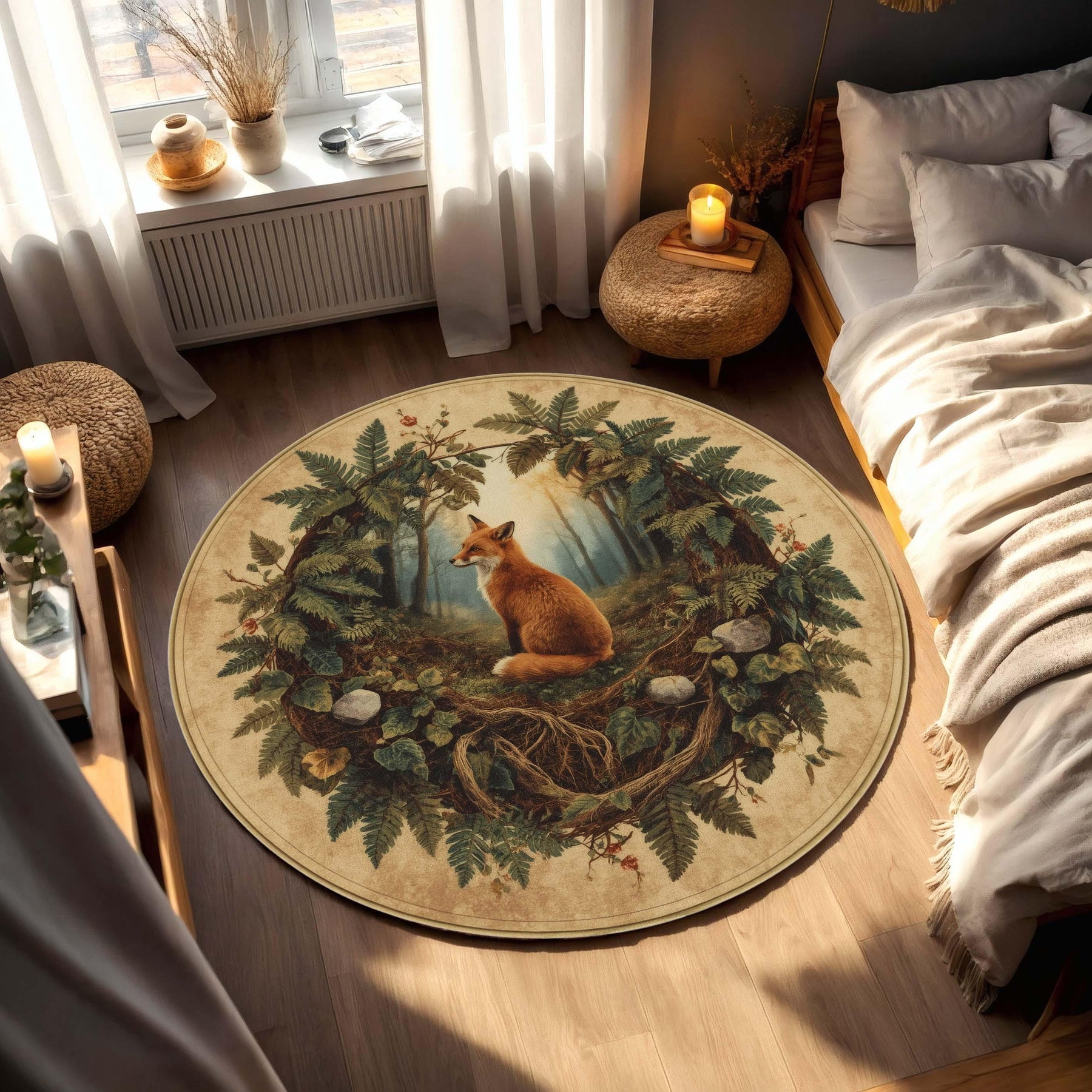 Woodland Fox Round Rug | Forest Animal Rug with Ferns and Roots | Nature-Inspired Cozy Cottagecore Carpet | Woodland Botanical Fox Carpet